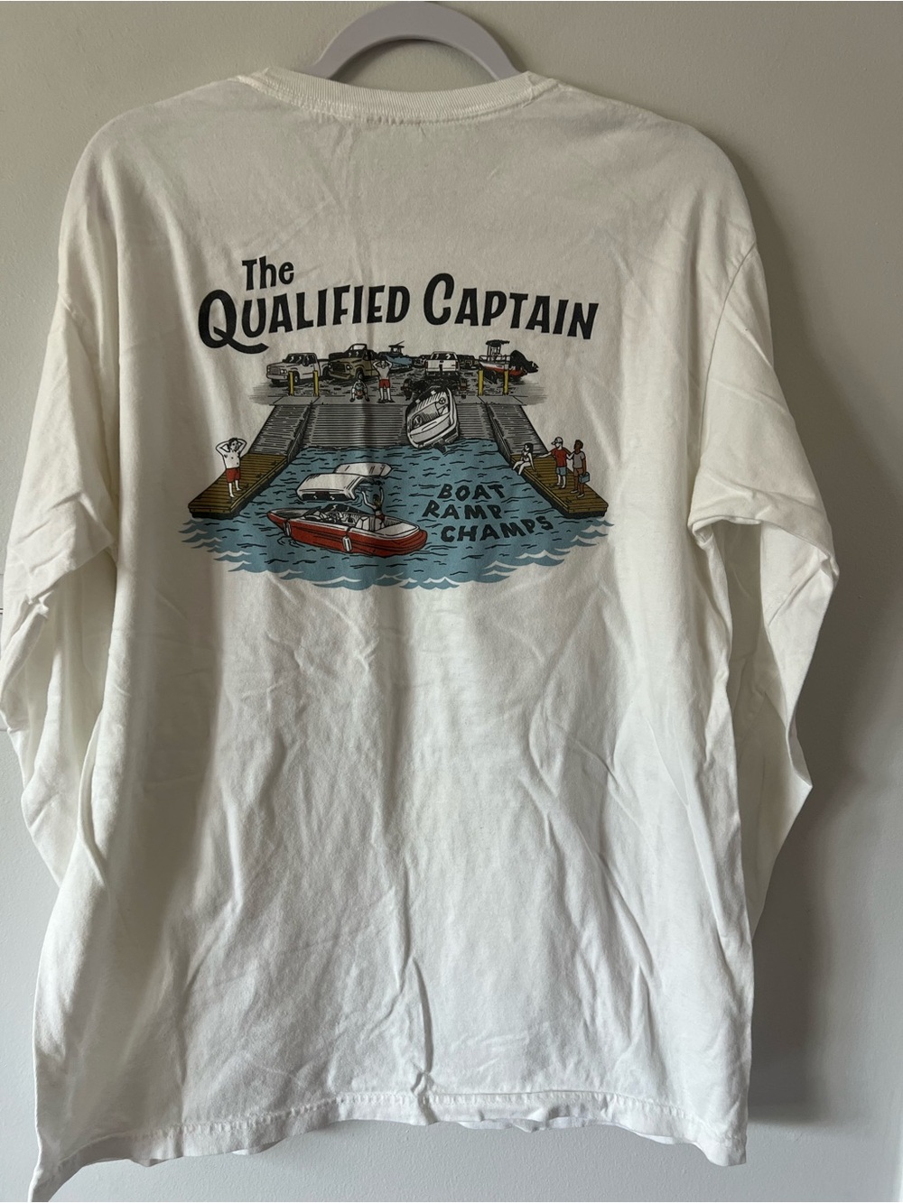 Comfort Colors White Long-Sleeve "The Qualified Captain" Boat Ramp Tee Mens L